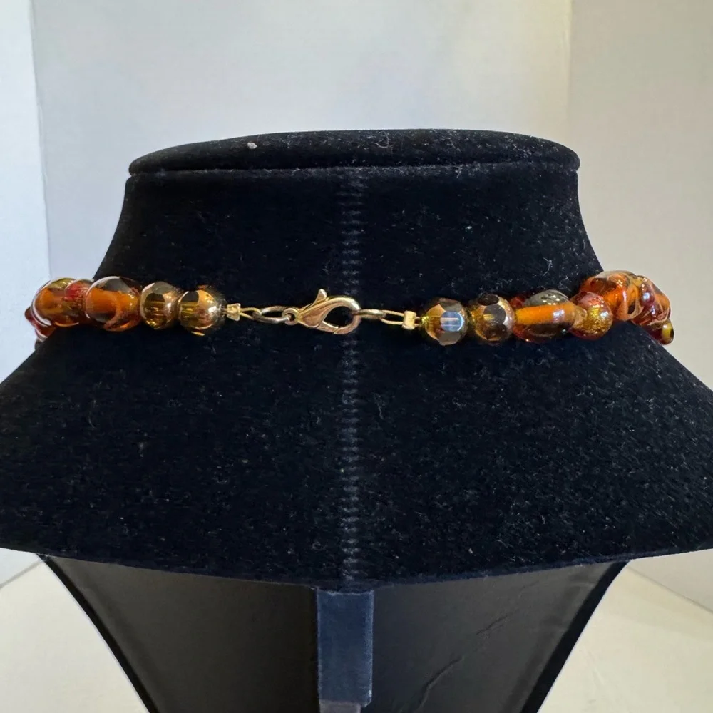 Vintage Brown Amber Color Gold Foil Lampwork Handmade Art Glass Beaded Necklace